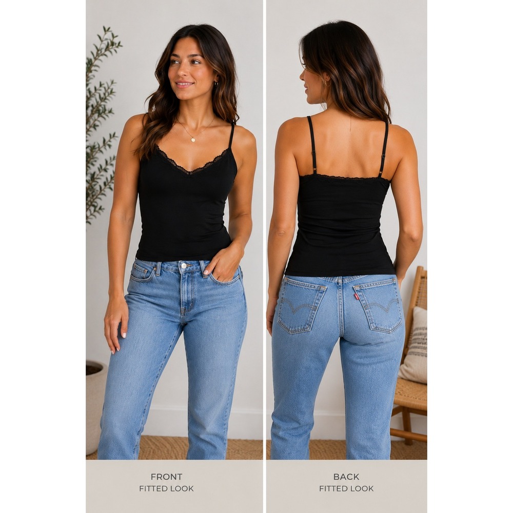 Womens Black Lace Trim Modal Camisole Adjustable Strap Tank Top Small